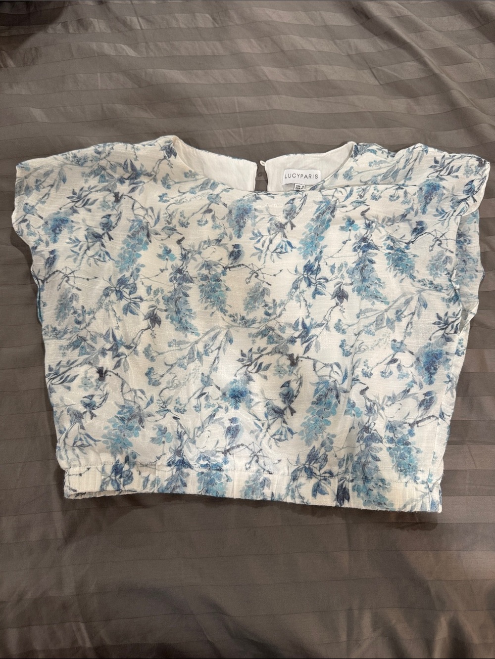 Lucy Paris White Floral Cropped Top with Blue Print